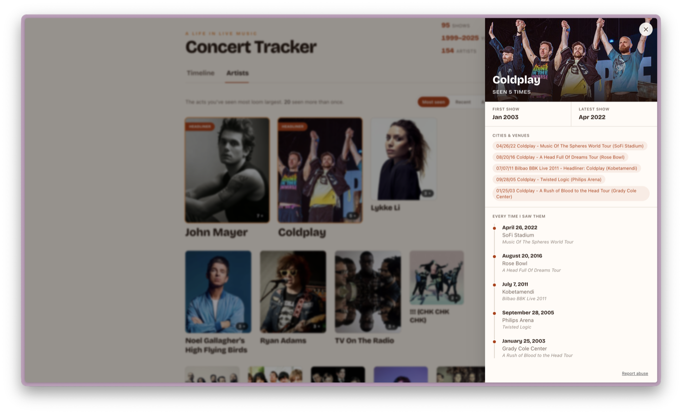 Concert Tracker — artists view with show history