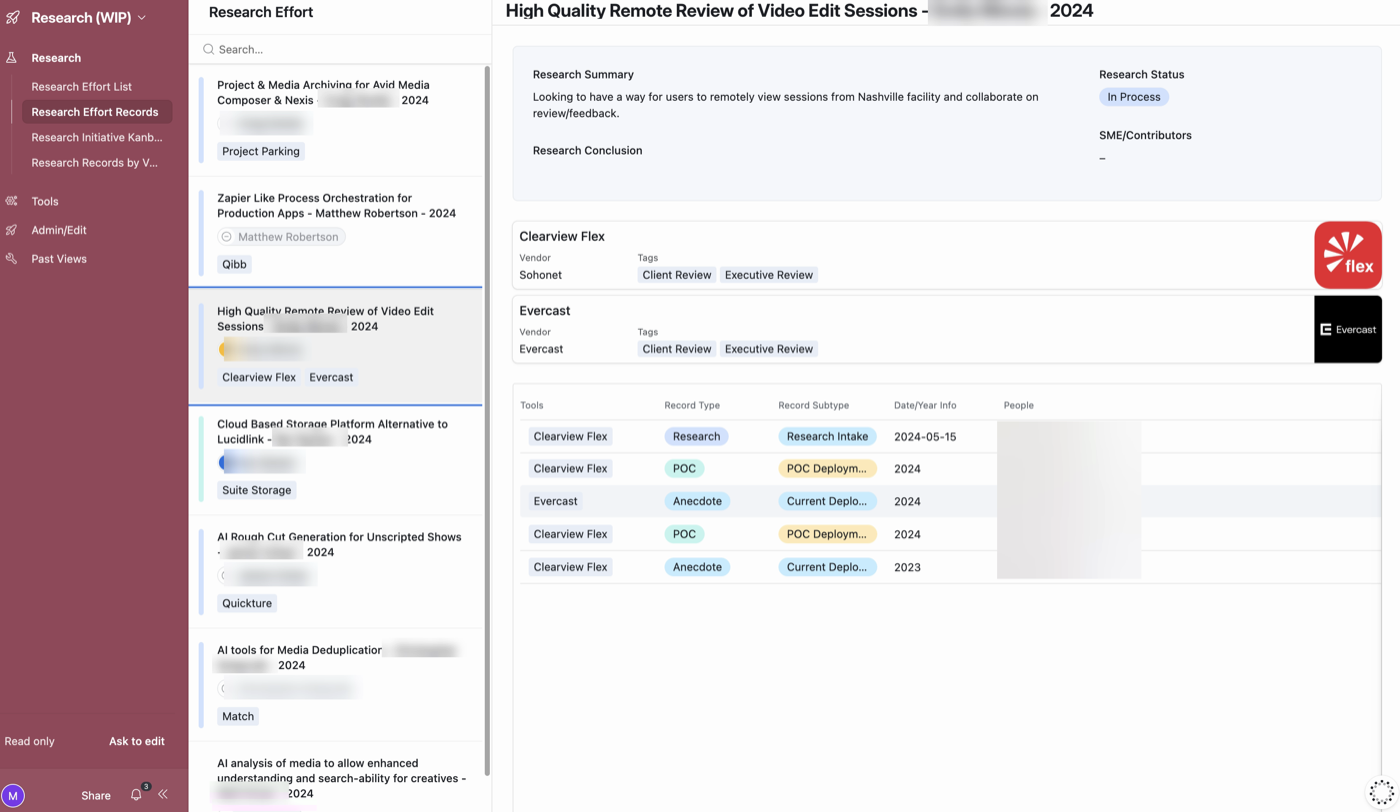 Research Effort record — research summary, status, linked vendors, and the tools, record types, and contributors behind one evaluation
