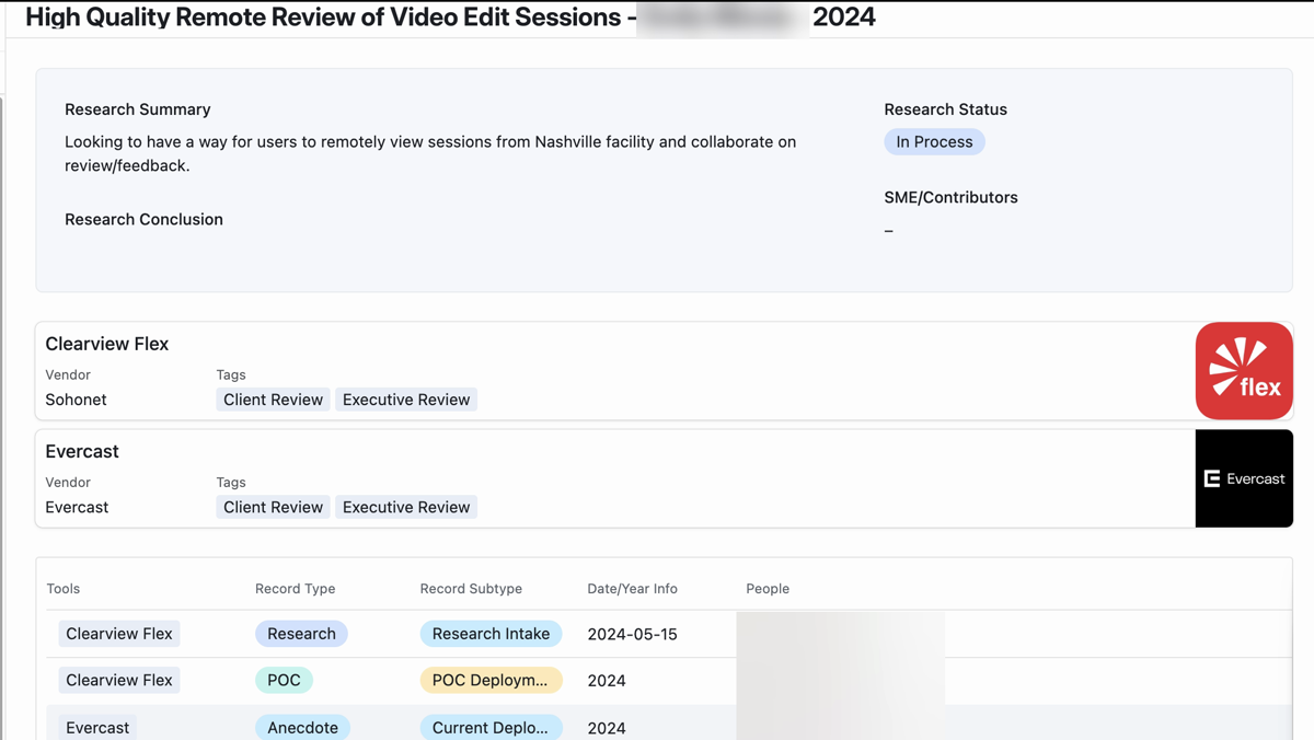 A research effort record — summary and status above the linked vendor evaluations